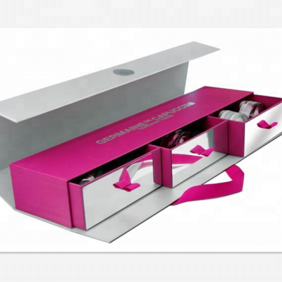 Three Bottles Folding Cosmetic Set Drawer Cardboard  Box With Ribbon Closure